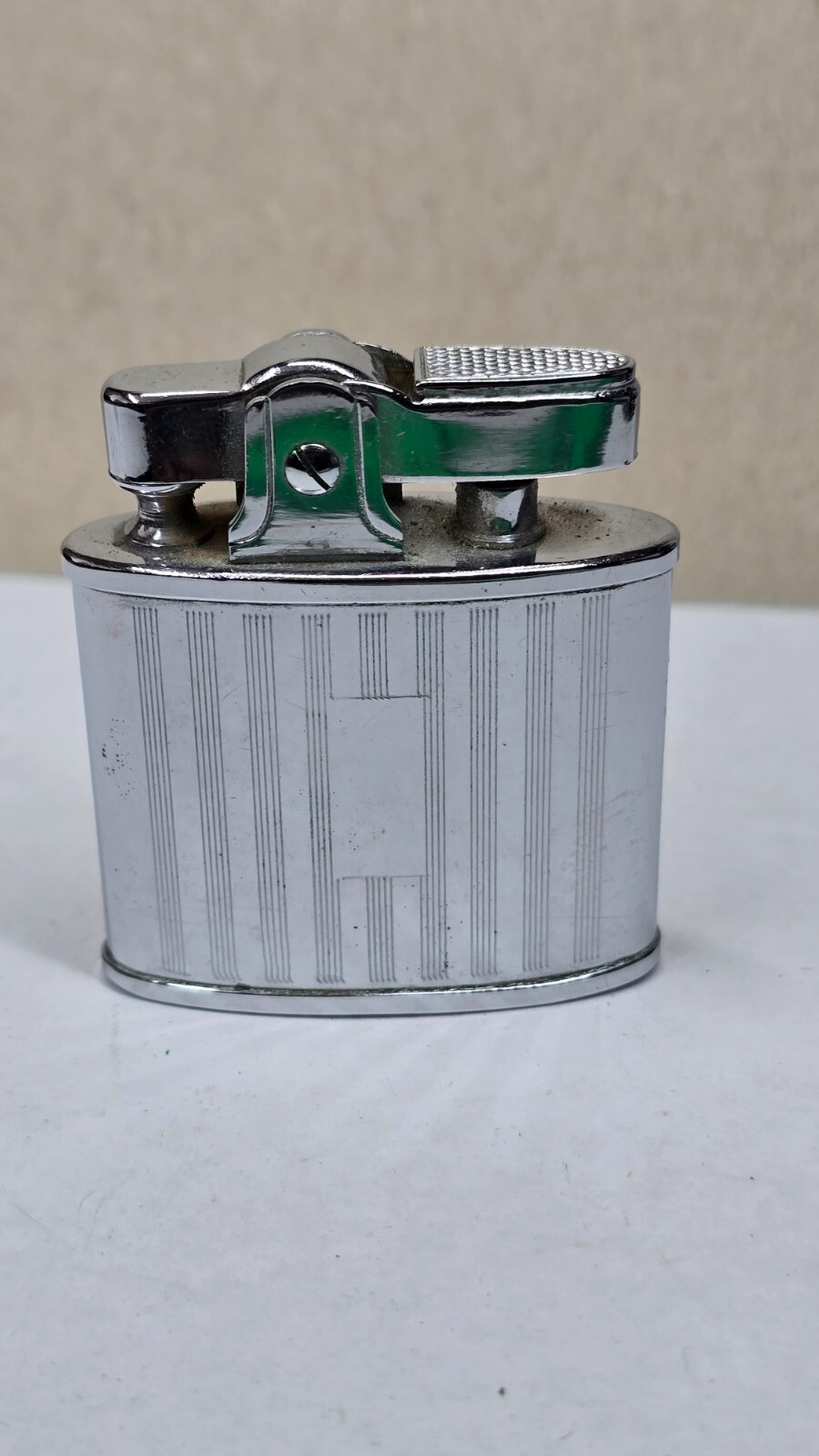Vintage Allen Chrome Butane Lighter Japan Art Deco Stripe Design Oval Body AS-IS