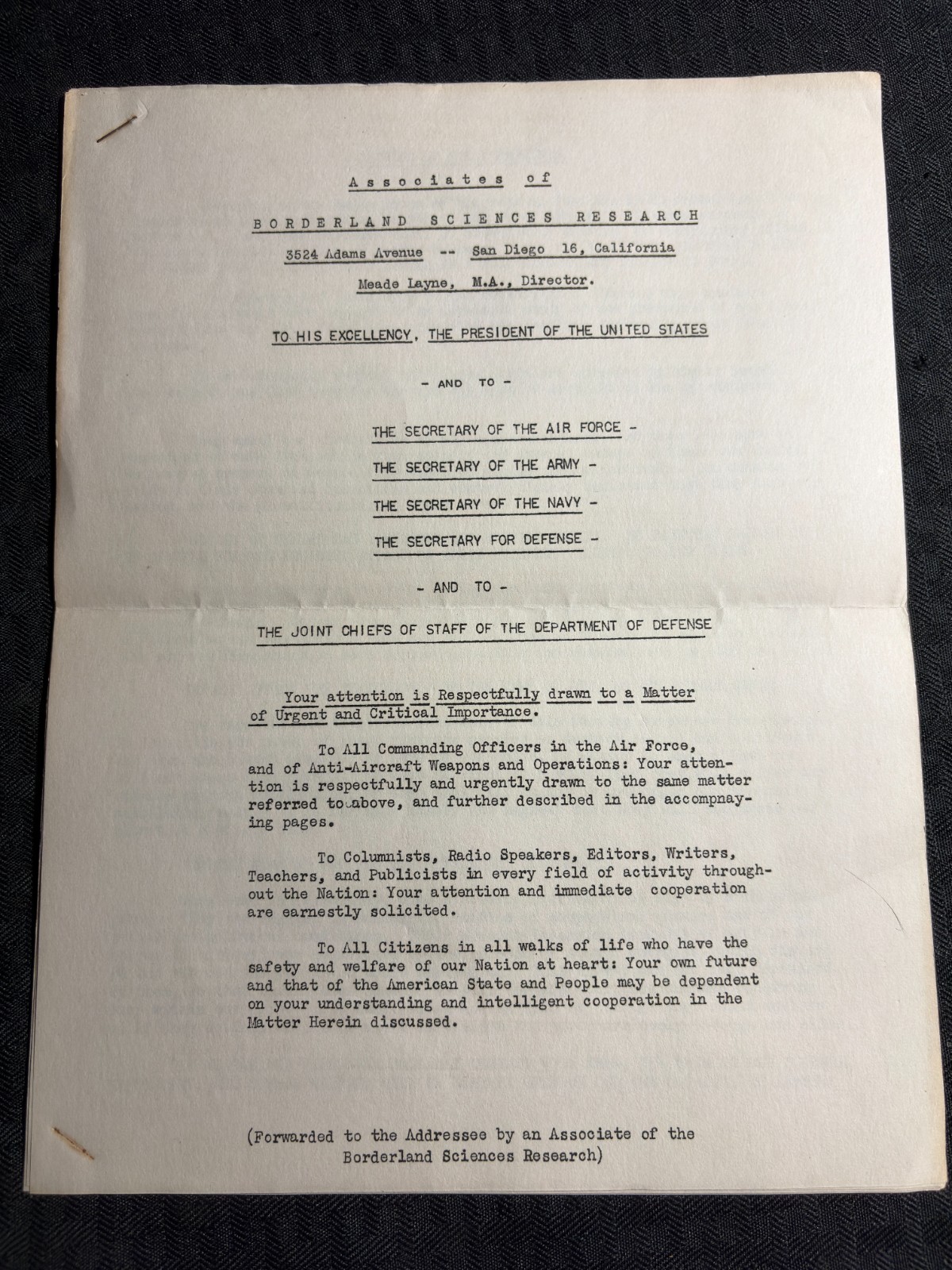 1952 BORDERLAND SCIENCES RESEARCH 5pg UFO Flying Saucers Memo VG 4.0