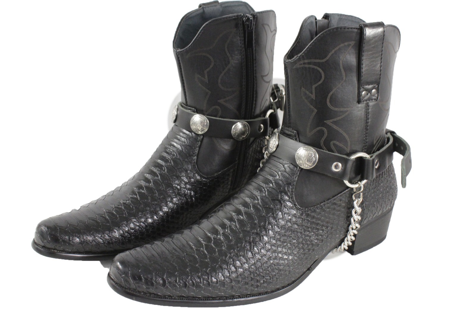 Men Native American Charm Boot Silver Chain 2 Black Straps Shoe Adjustable Fit