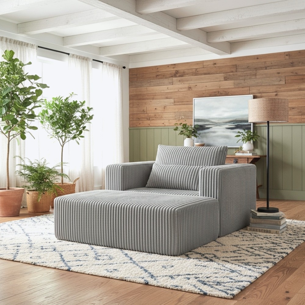 Modular Oversized Corduroy Floor Couch with Ottoman, All-Foam Deep-Seat
