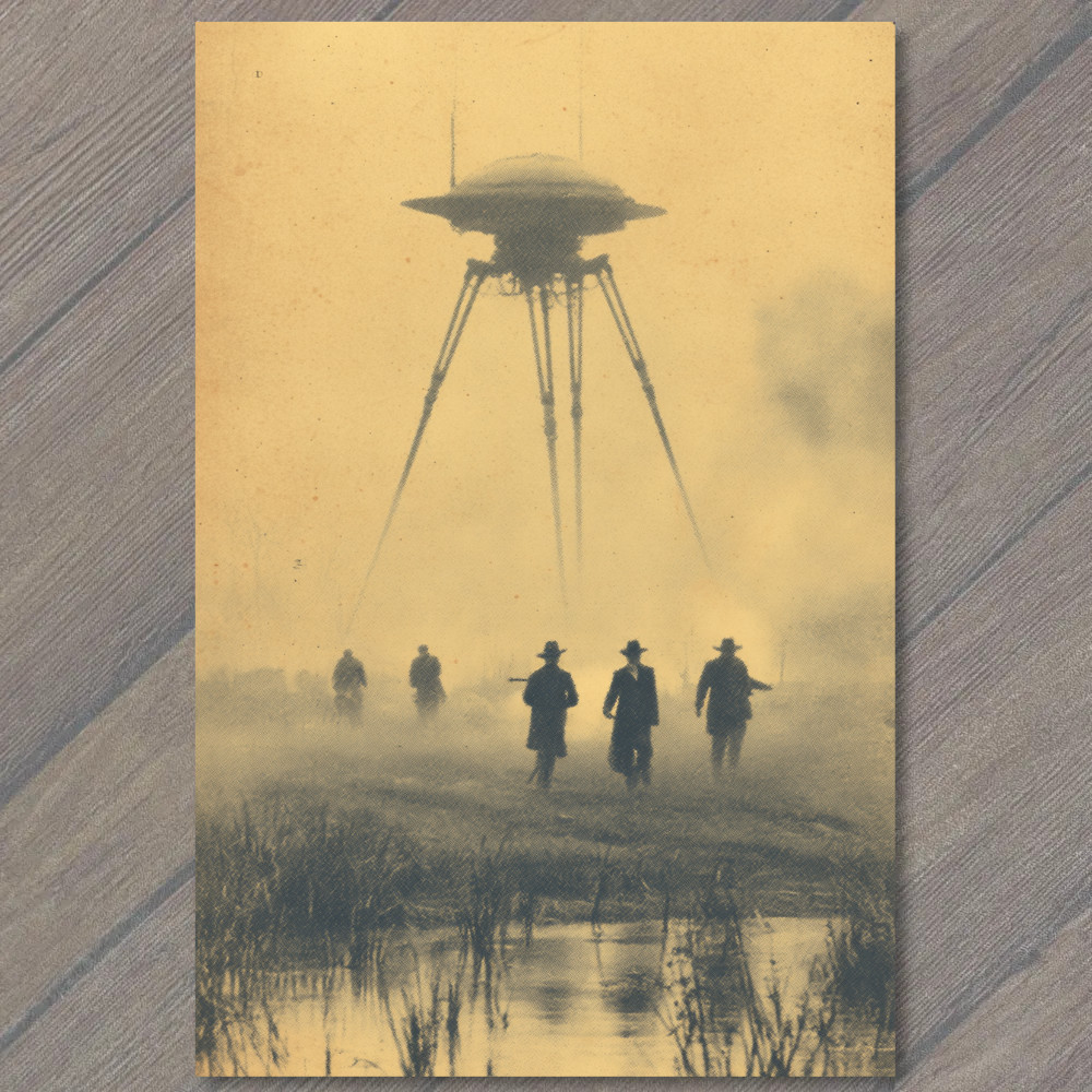 POSTCARD Alien Tripod Foggy Battlefield Retro War Invasion Marsh Walkers