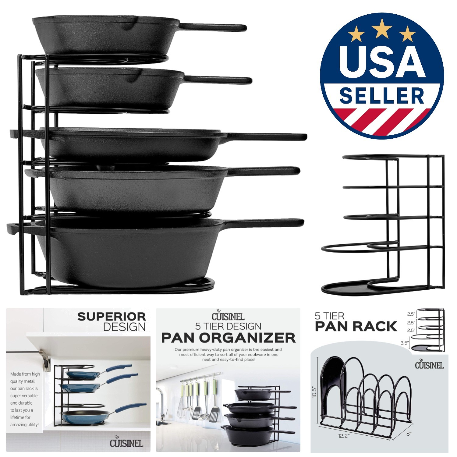 Space Saving 12.2 Inch Heavy Duty Cookware Organizer - 5 Tiers for Pots & Pans