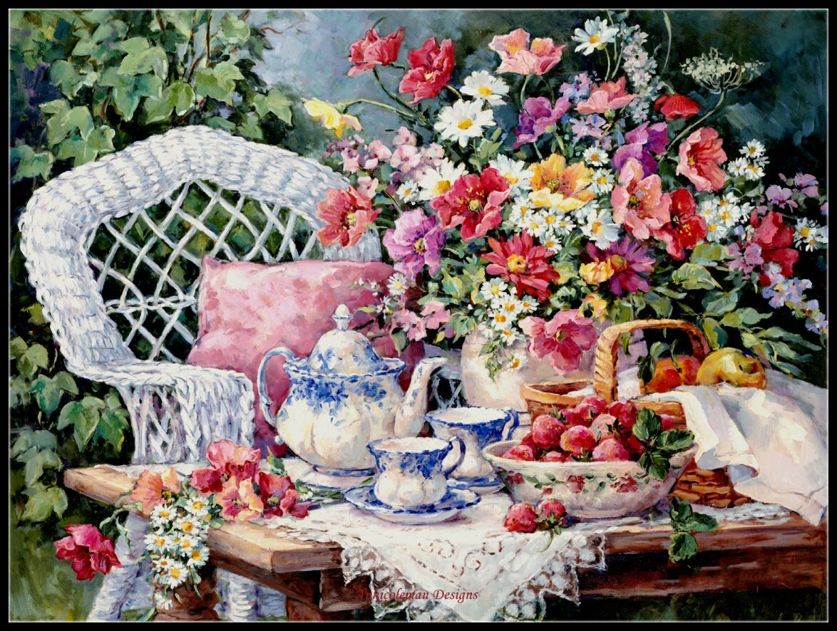 Tea and Strawberries - DIY Chart Counted Cross Stitch Patterns Needlework DMC