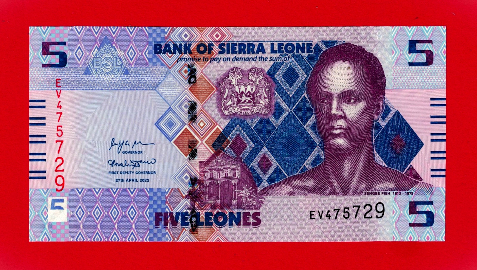 5 Leones 2022 Sierra Leone UNC NOTE PREFIX 'EV' (P-36) Sign Stevens & K.M Kallon