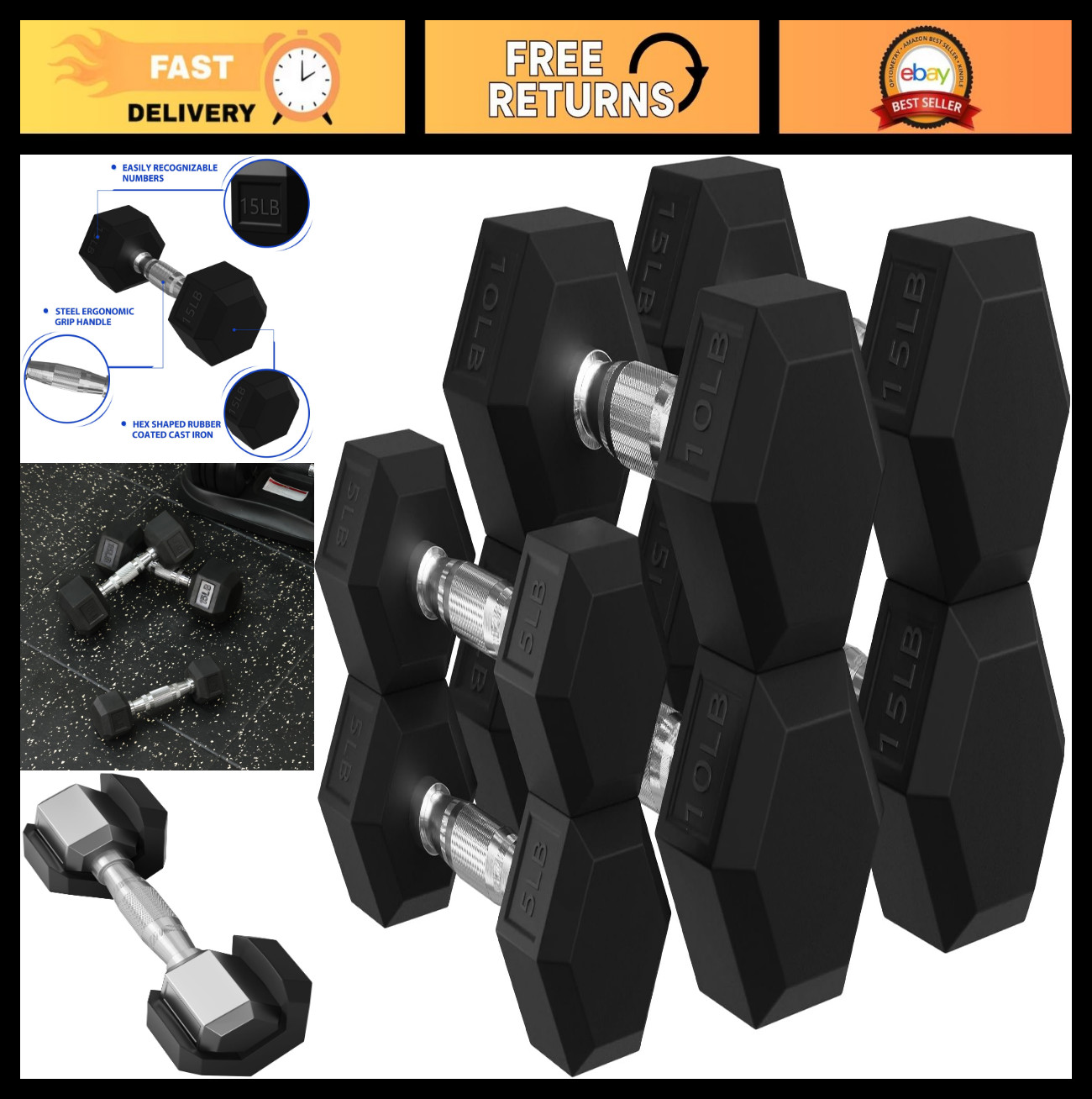 Rubber Hex Dumbbells Set with Rack - 10, 15, 20 LB Pairs for Home Gym Fitness
