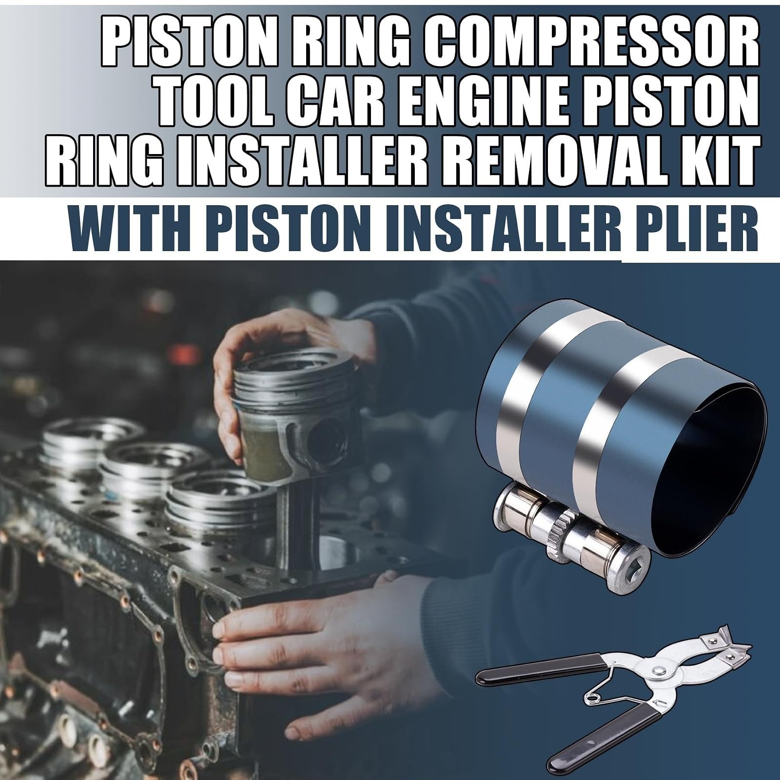 Piston Ring Compressor Tool Kit Adjustable 2-1/8" to 7" with Plier