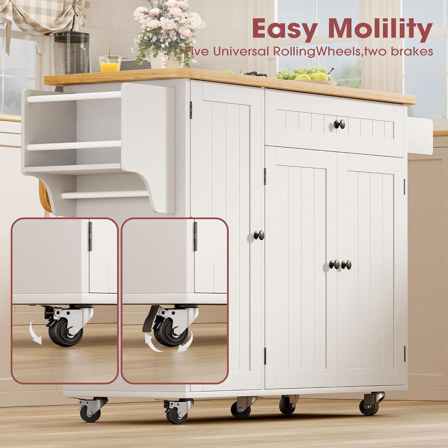 Kitchen Island with Storage, 41.7" Rolling Cart with Drop Leaf, Portable Island