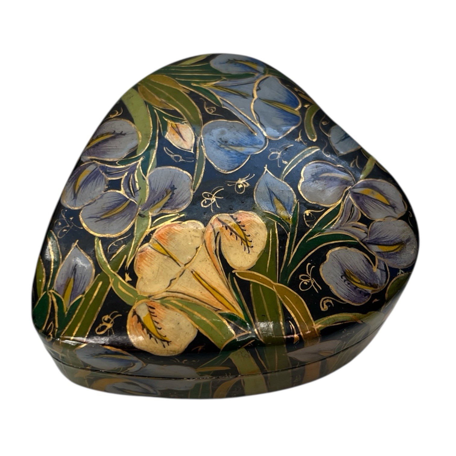 Vintage Kashmir Lacquered Lid Small Heart Shaped Floral Trinket Box India