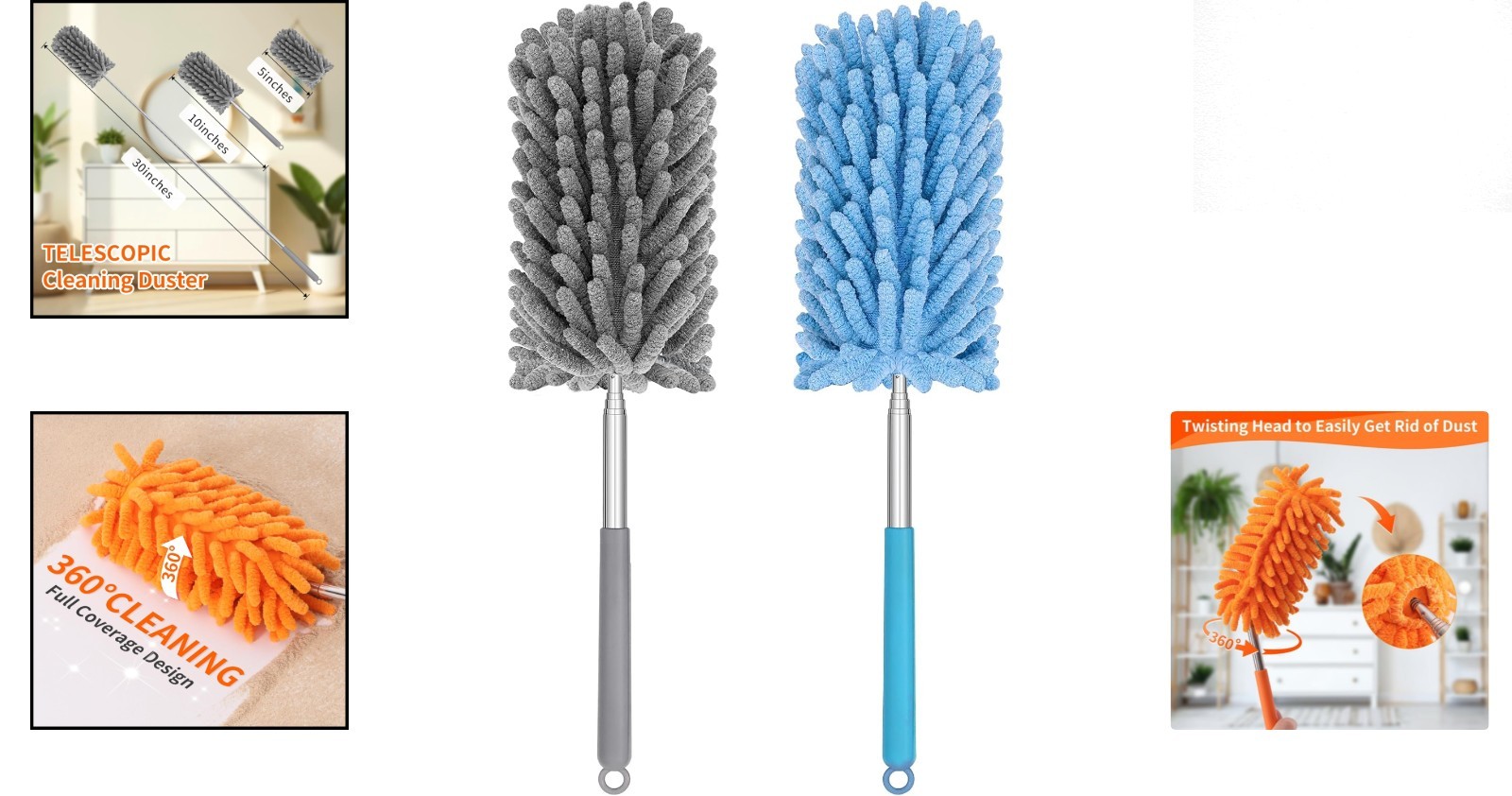 360° Bendable Hand Duster with Telescoping Pole - 2 Pack for Easy Cleaning