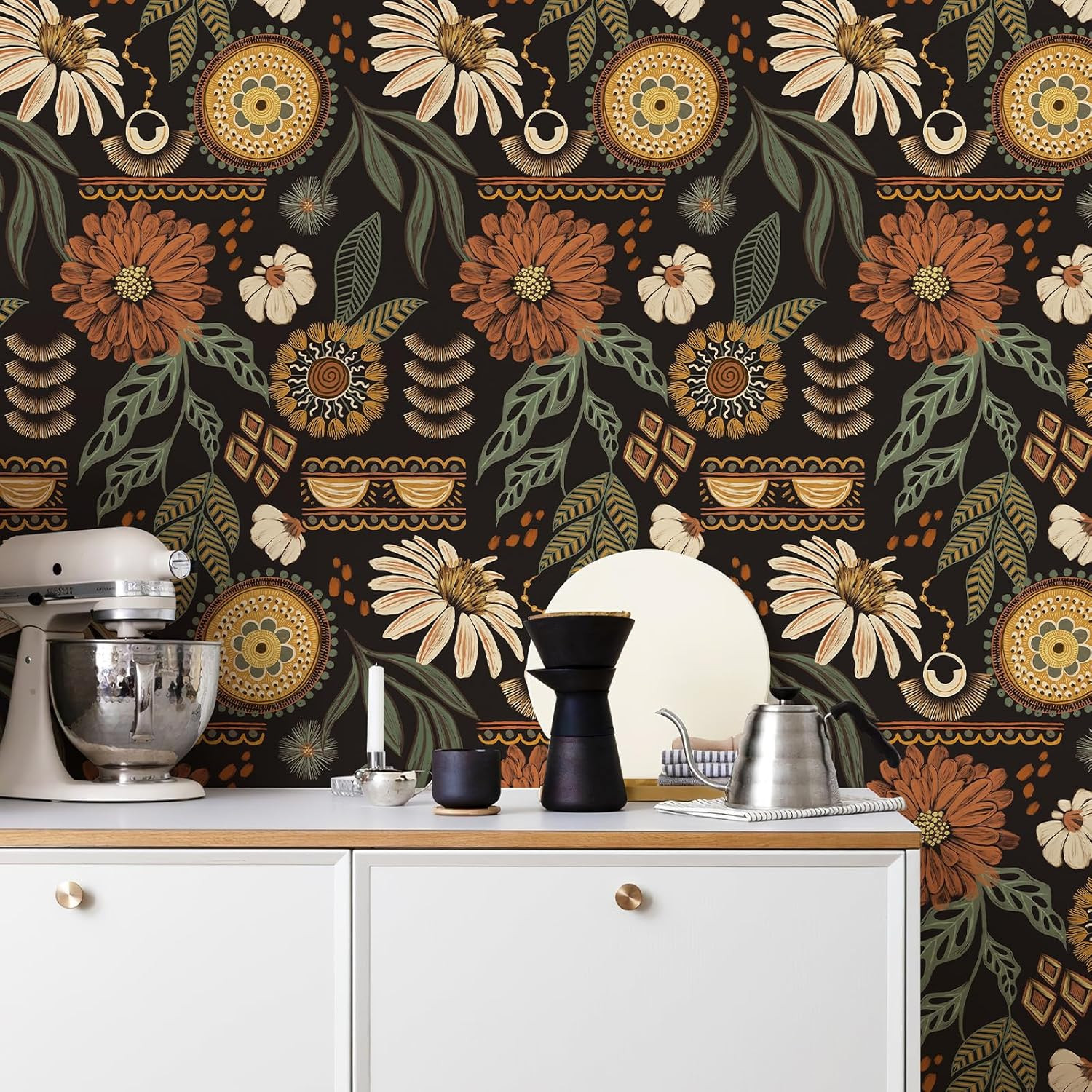 Simon&Siff Boho Wallpaper Peel and Stick, 17.3'' x 80" Sun Floral Retro Removabl