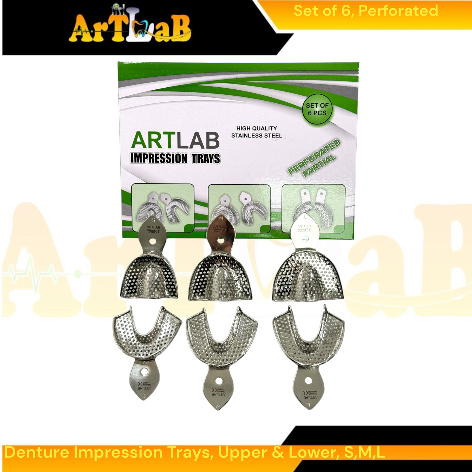 Perforated Denture Impression Trays, Small, Med, Large | Upper & Lower |Set of 6