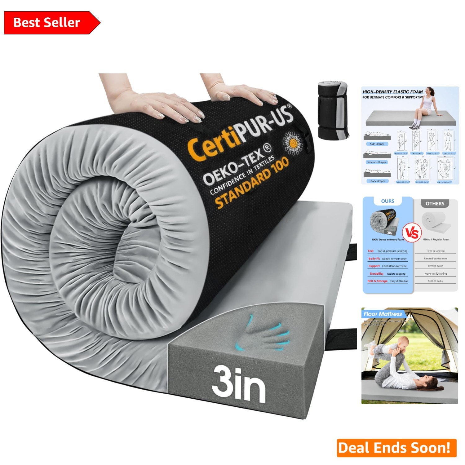 3 Inch Memory Foam Camping Pad - Waterproof, Roll-Up Travel Mat for Comfort