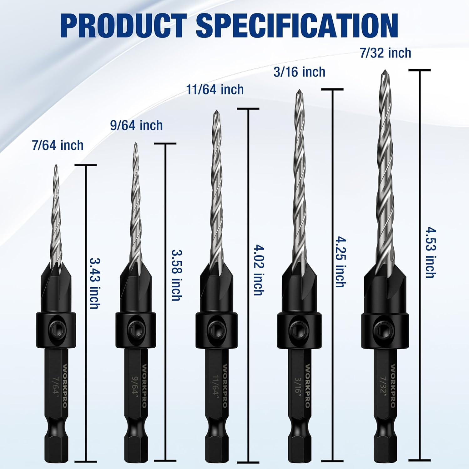 WORKPRO 5-Pack Countersink Drill Bit Set M2 HSS Adjustable with Included Hex Key