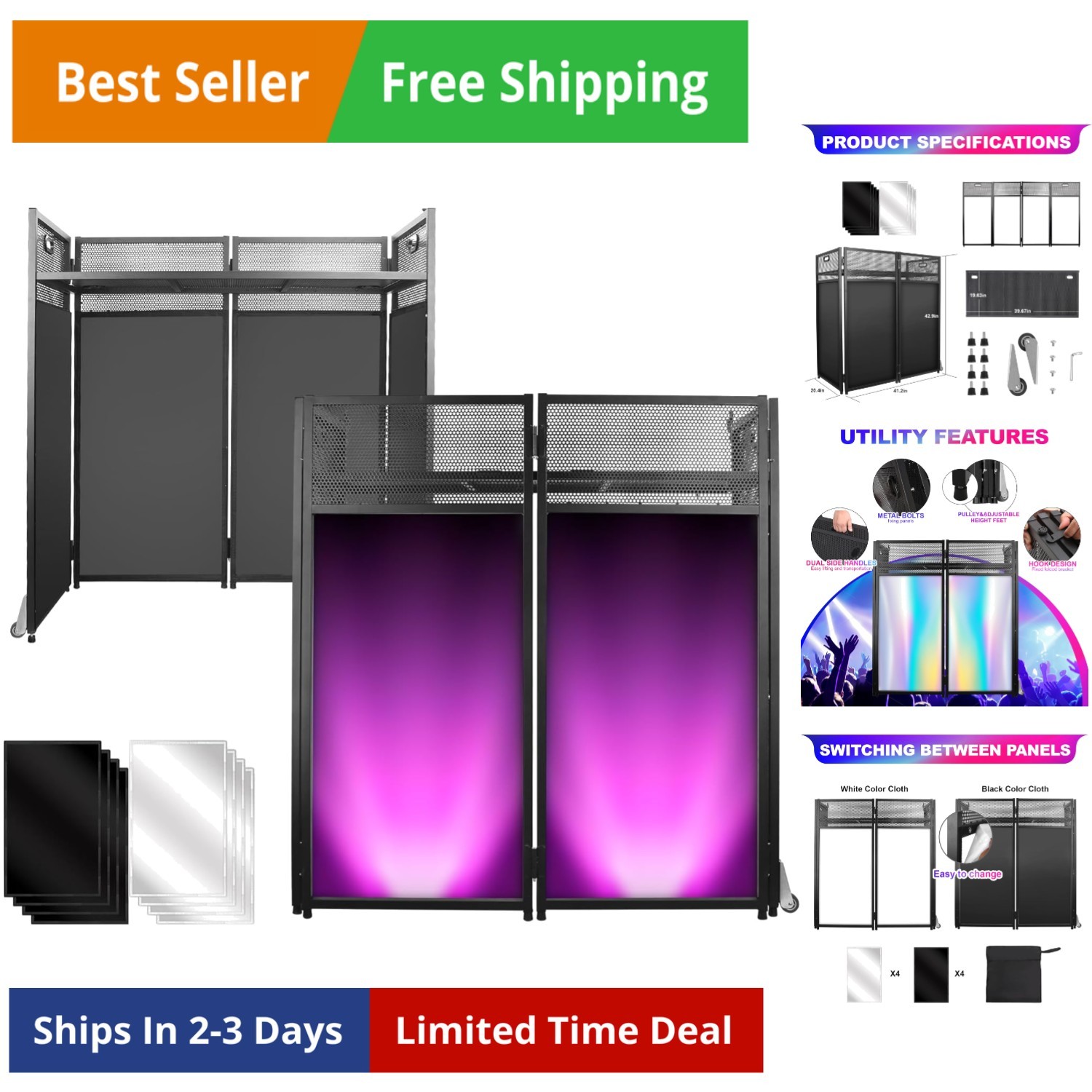 DJ Facade Booth Table 41" x 43"x 20"-Portable with Black&White Lighting Scrim...