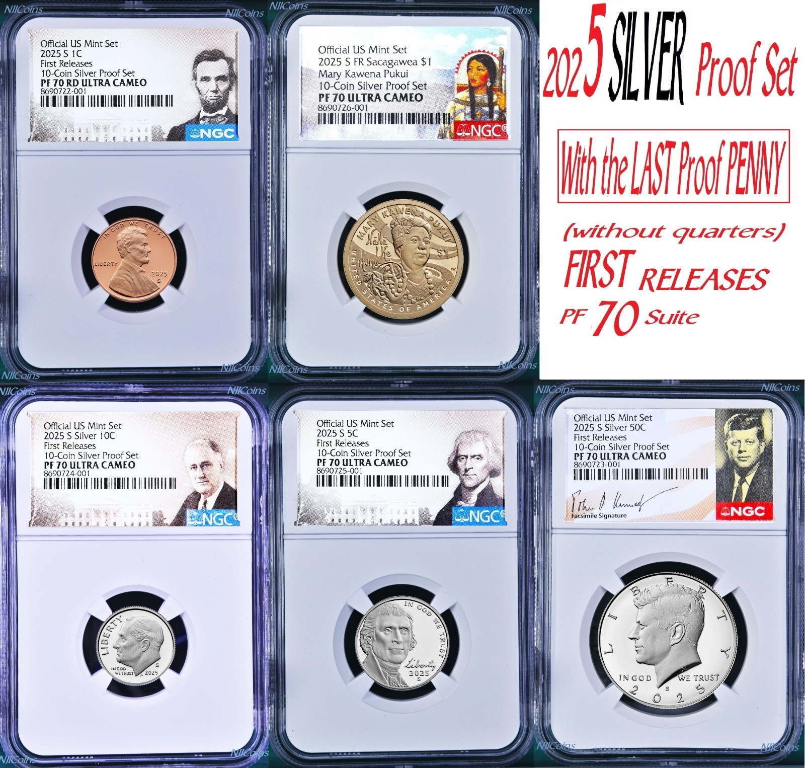 2025 US Mint 5 Coin Silver Proof SET Dime Nickel $1 50c & last Penny NGC PF70 FR