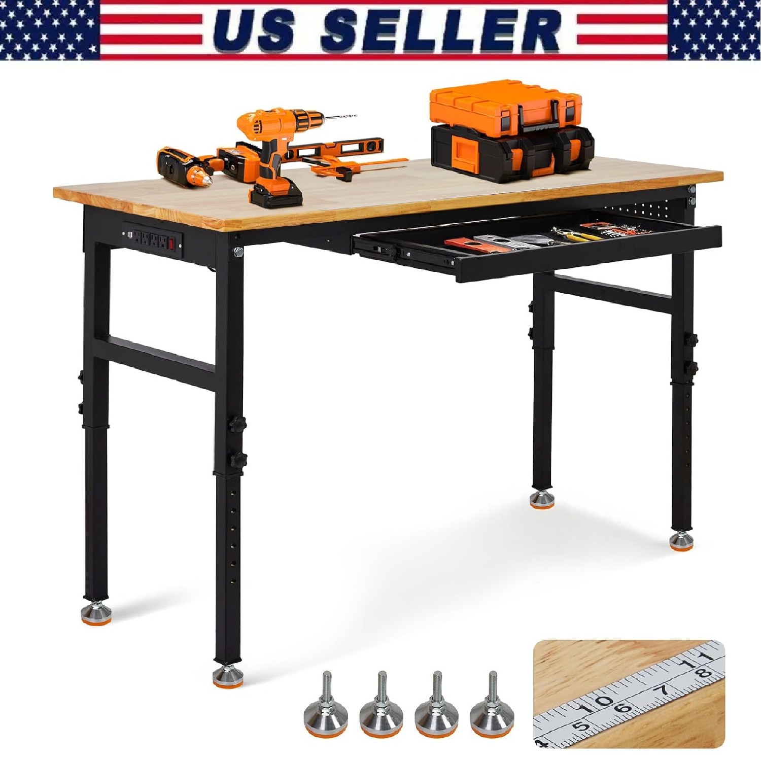 60" Adjustable Workbench ,Heavy Duty Garage Work Bench w/ Power Outlets & Drawer