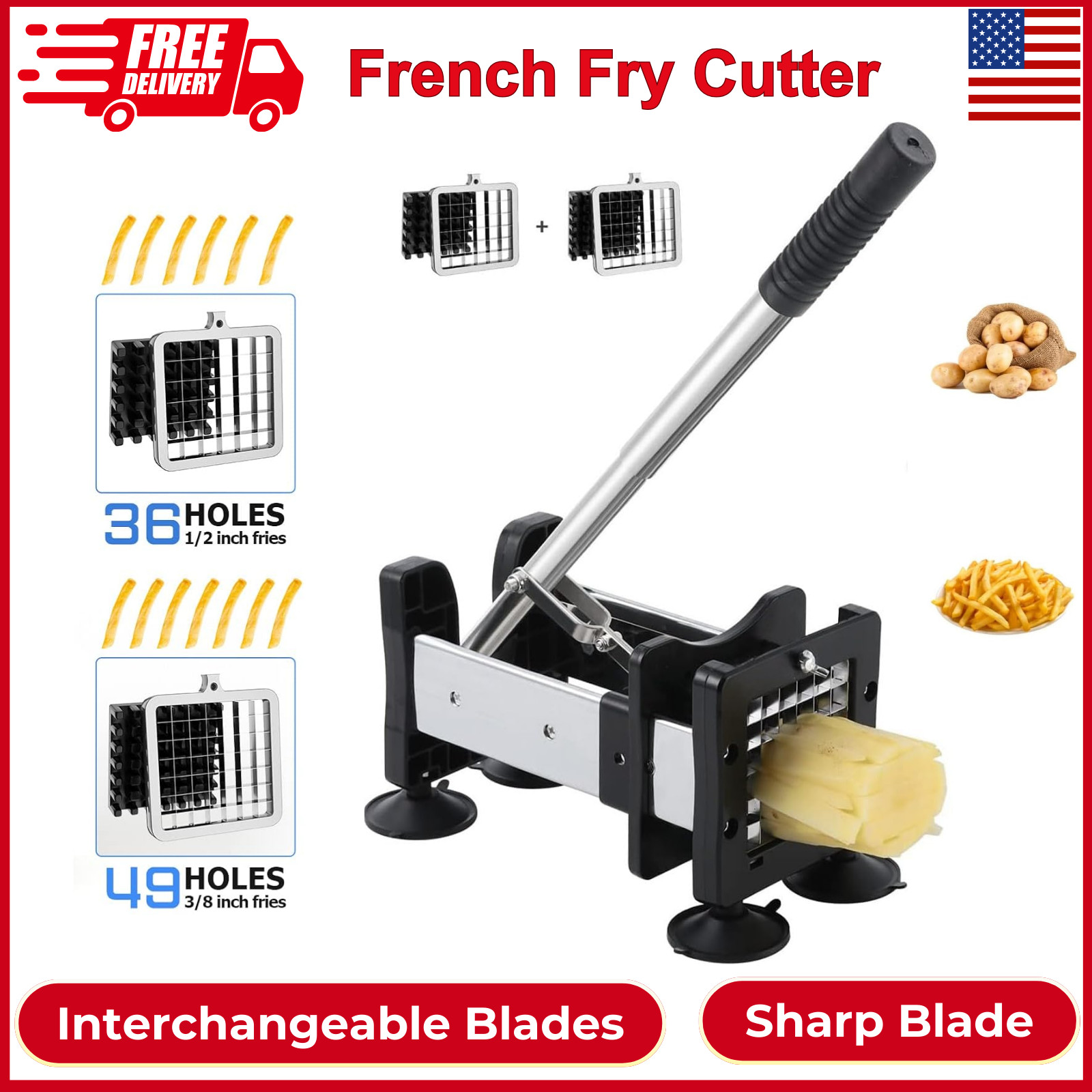 French Fry Cutter Stainless Steel Potato Cutter W/ 1/2" & 3/8" Commercial Grade