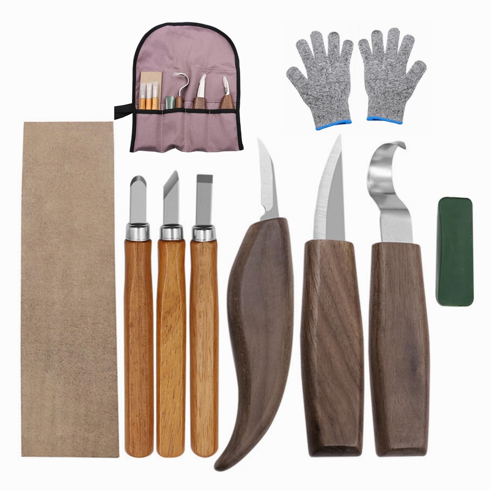 10 PCS Wood Carving Knife Set Black Walnut Kit Detail Hook Sharpener Spoon