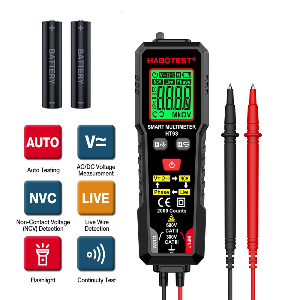 HABOTEST HT93 Automotive Multimeter AC DC Volt Ohm NCV 2000 Count with Battery