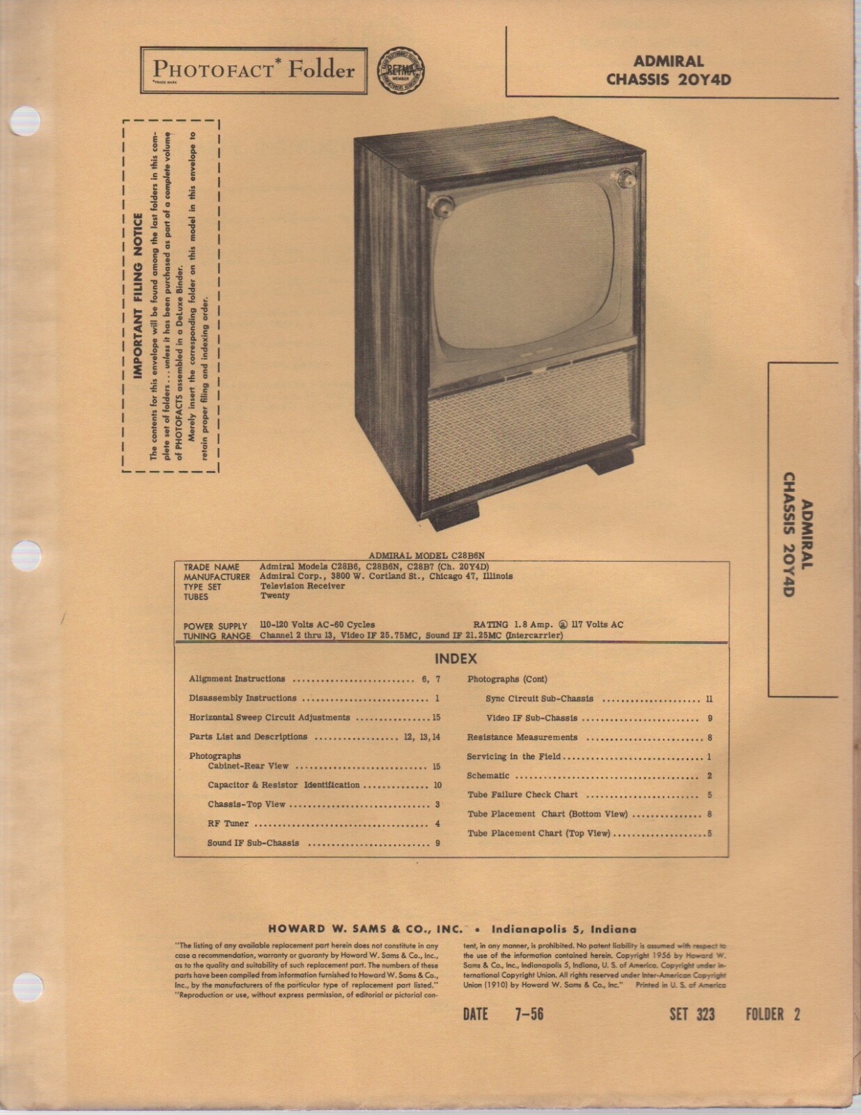 1956 admiral 20y4d TELEVISION SERVICE MANUAL photofact schematic DIAGRAM REPAIR