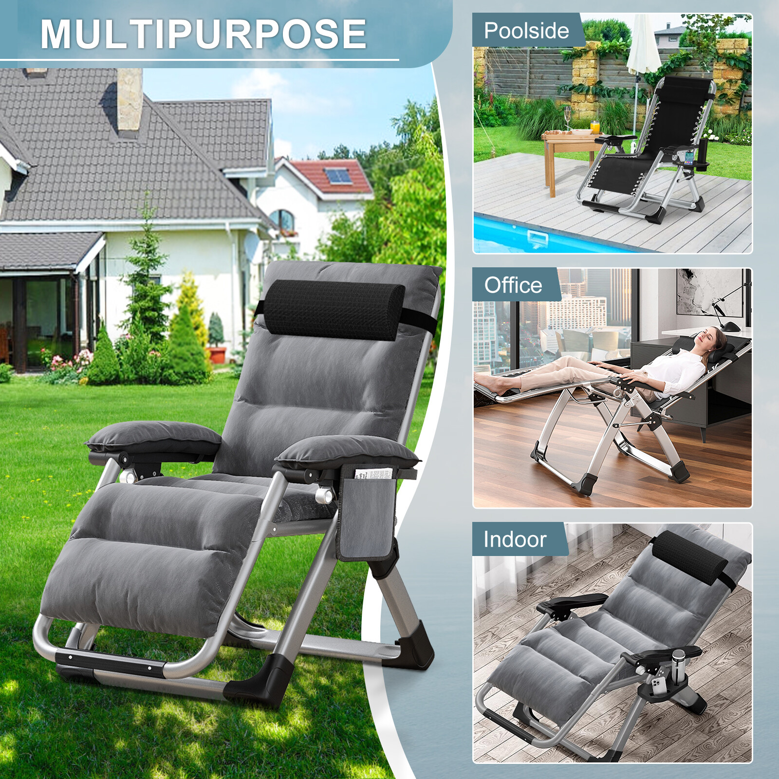 NAIZEA Zero Gravity Chair Set of 2 With Armrest Mat Reclining Lounge Patio Chair