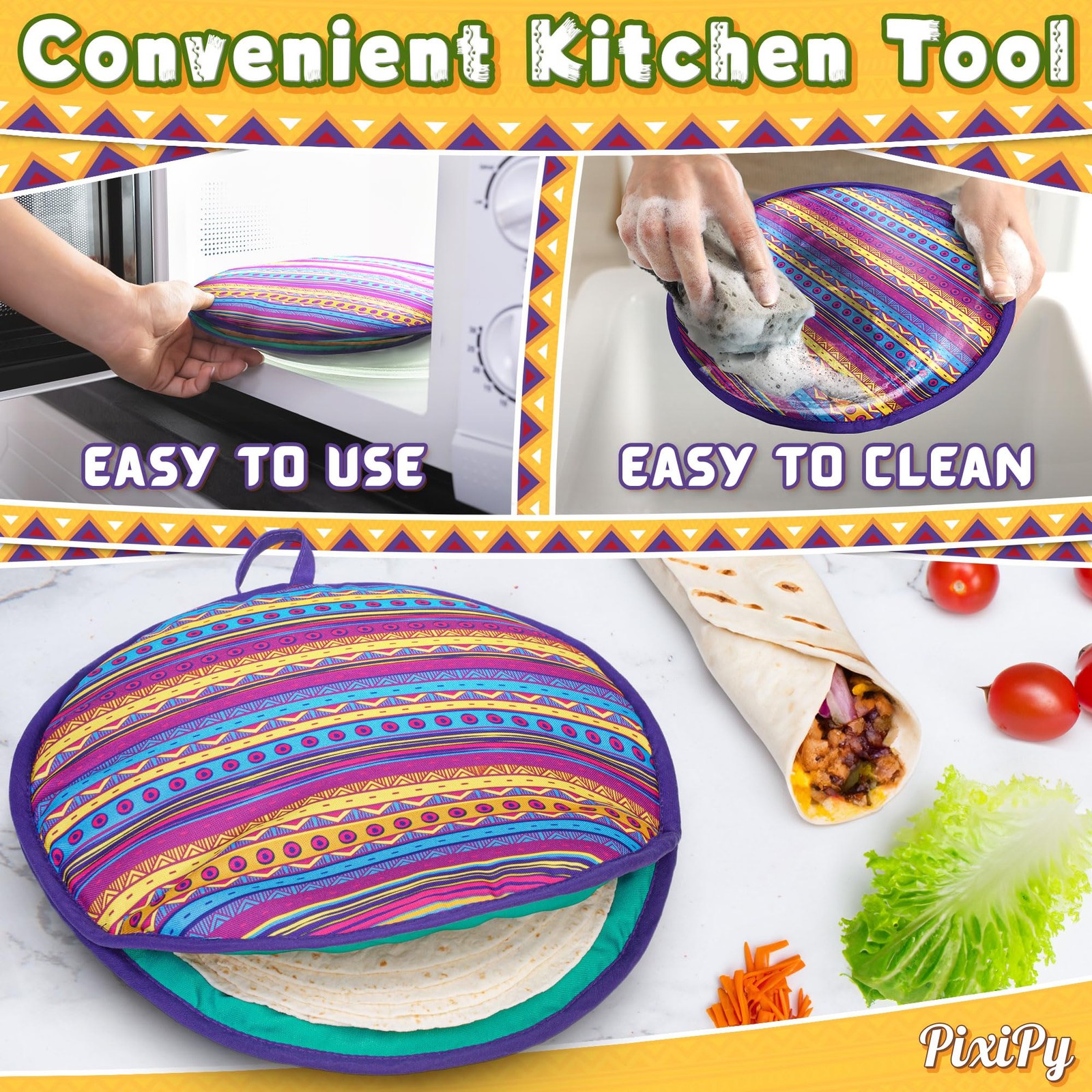 Tortilla Warmer Pouch (Multicolor, 12 Inch), Microwavable 12 Inch, Multicolor