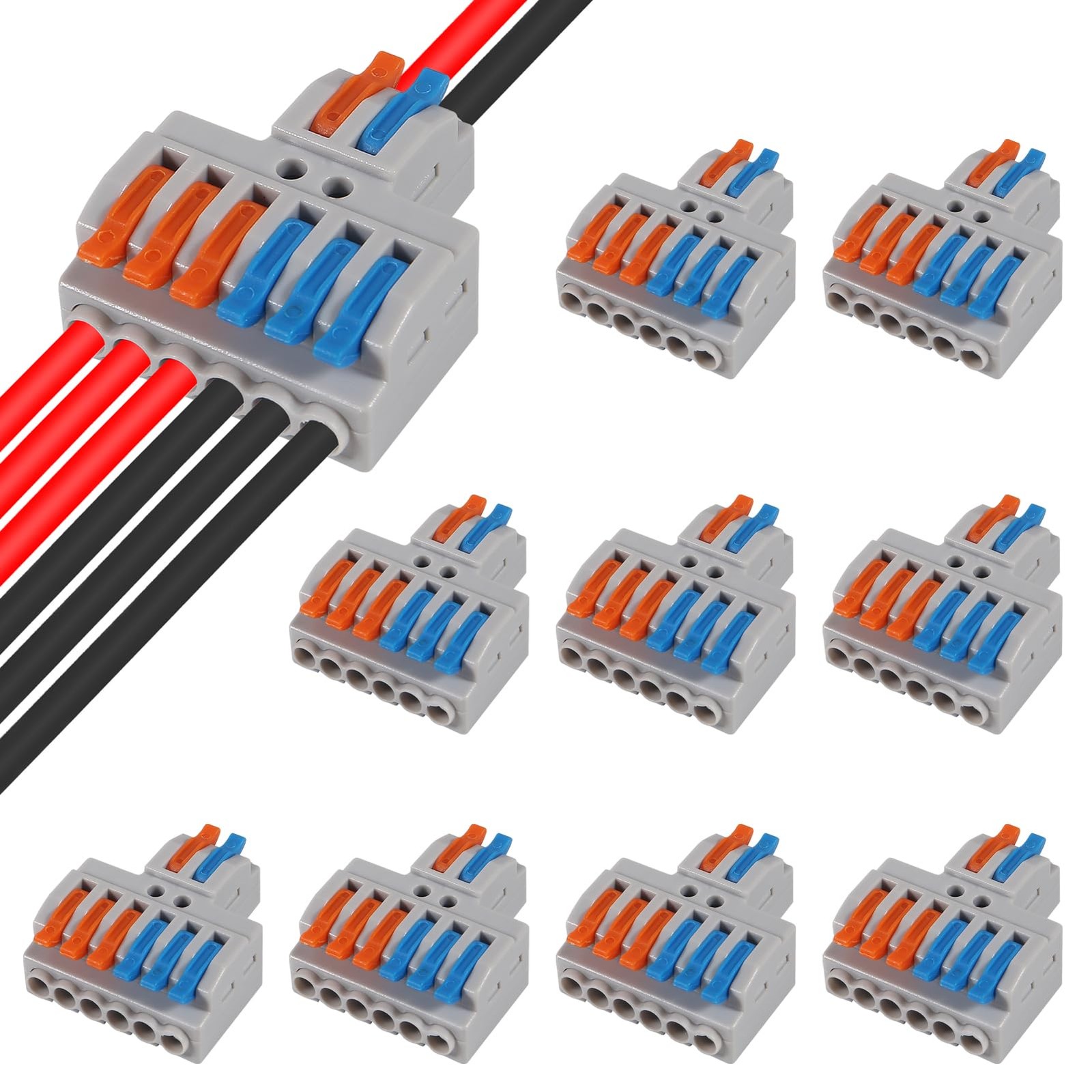 10 pcs Lever Wire Connectors (2 in 6 Out),Quick Wiring Cable 10Pcs 2 6 out