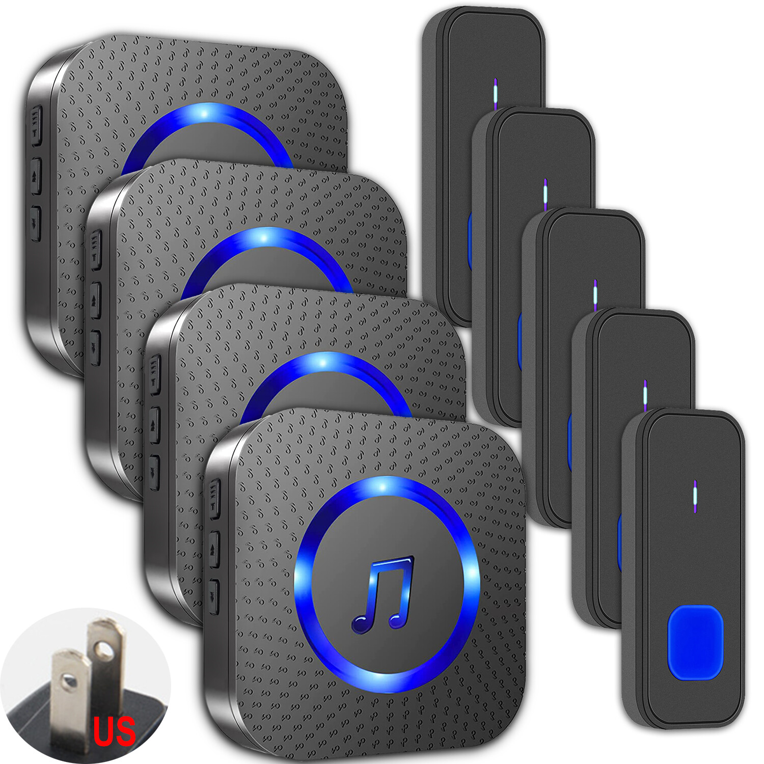 Wireless doorbell multi quantity set, 5 call buttons+4 music responders,1000feet