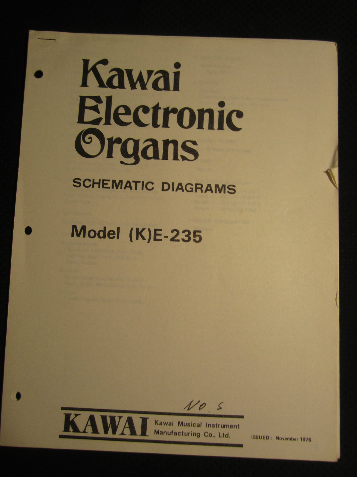 Kawai Electronic Organ K E-235 Schematic Diagram Manual (K) E- 235 E235 KE235