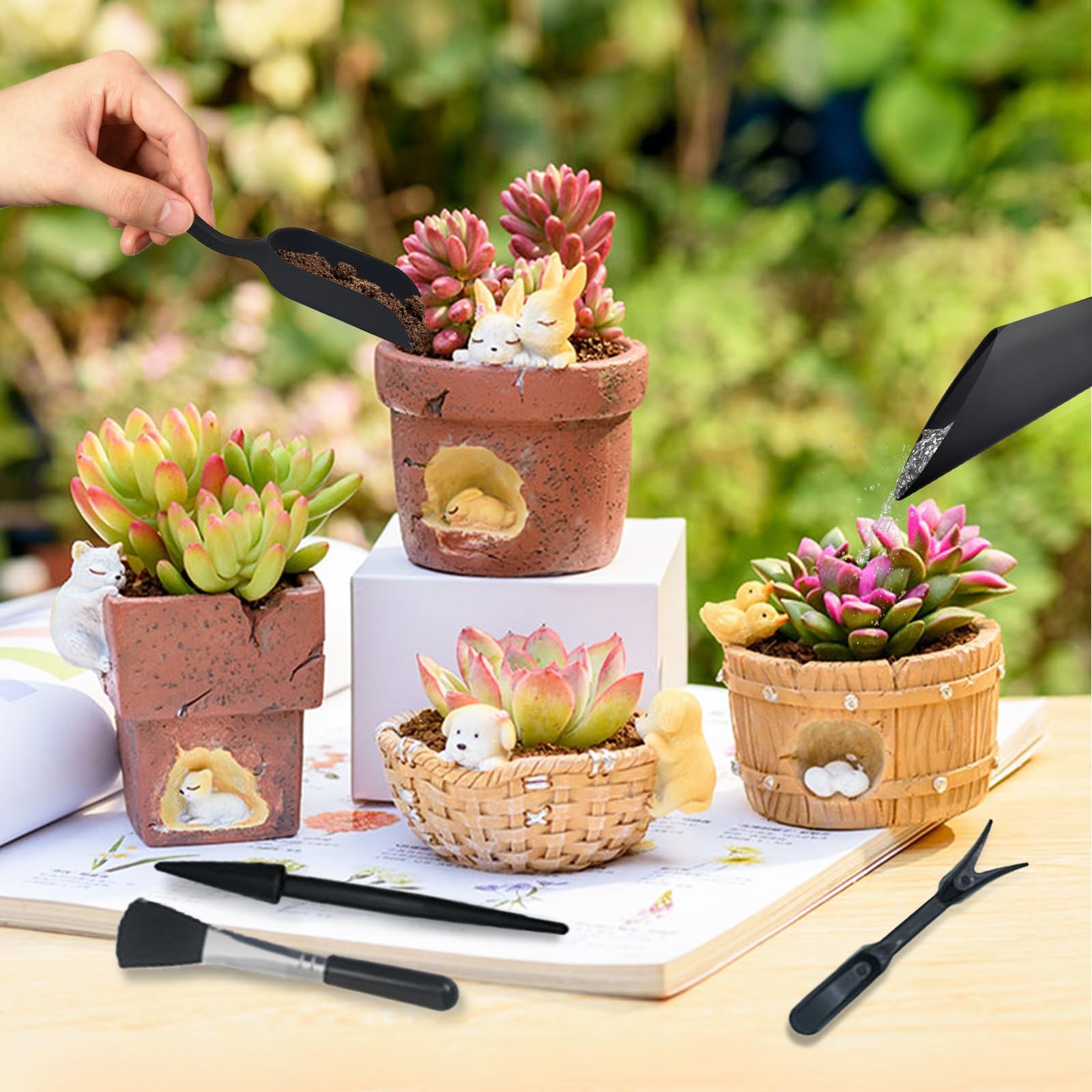 LuckyOpt Mini Succulent Tools, 5Pc Planting Tools Kit Black/Pink