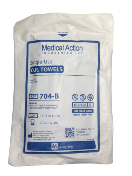 Medical Action 704-B Towel OR Cotton Blue Disposable Sterile - 4CT