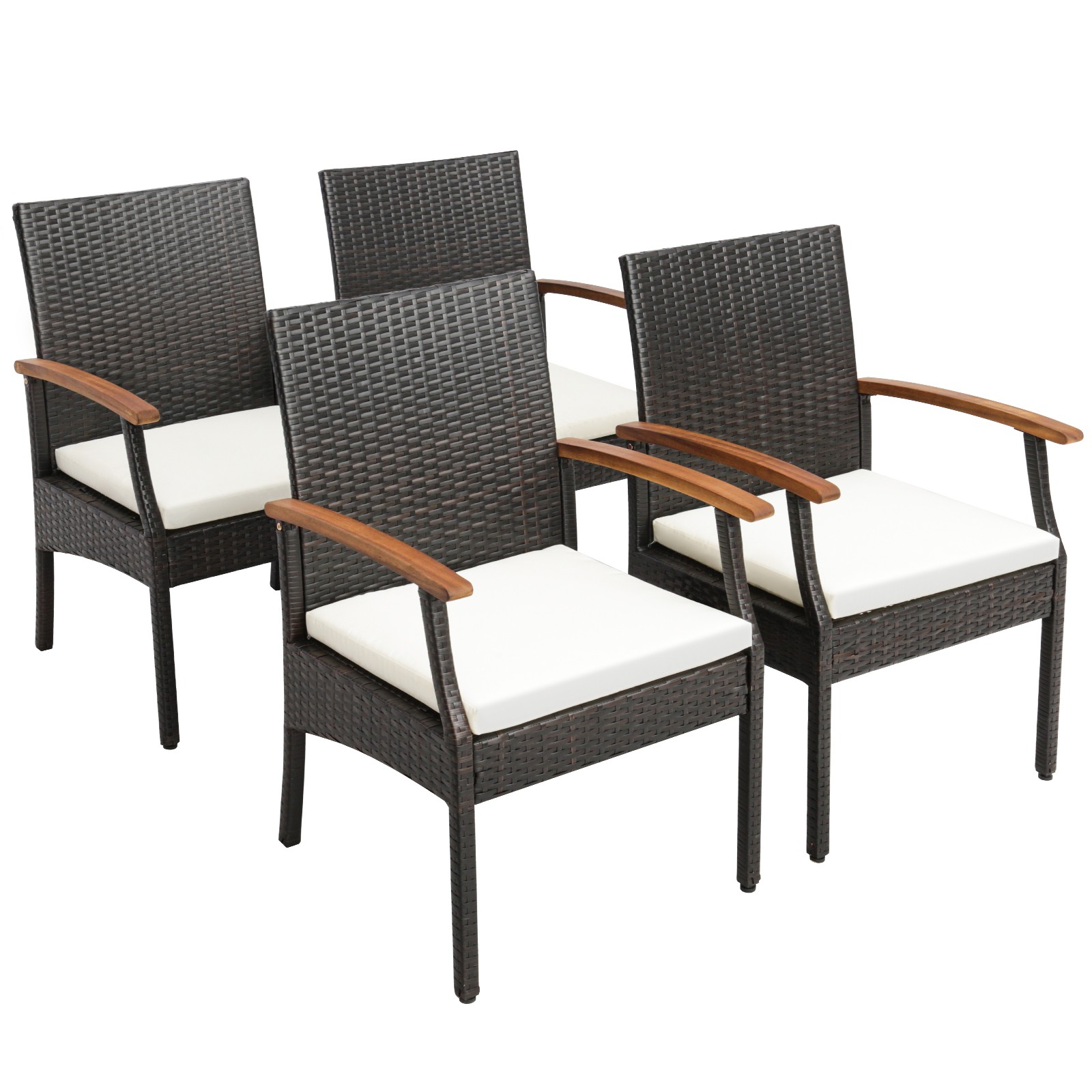 4PCS Patio PE Wicker Chairs Acacia Wood Armrests W/Soft Zippered Cushion Balcony