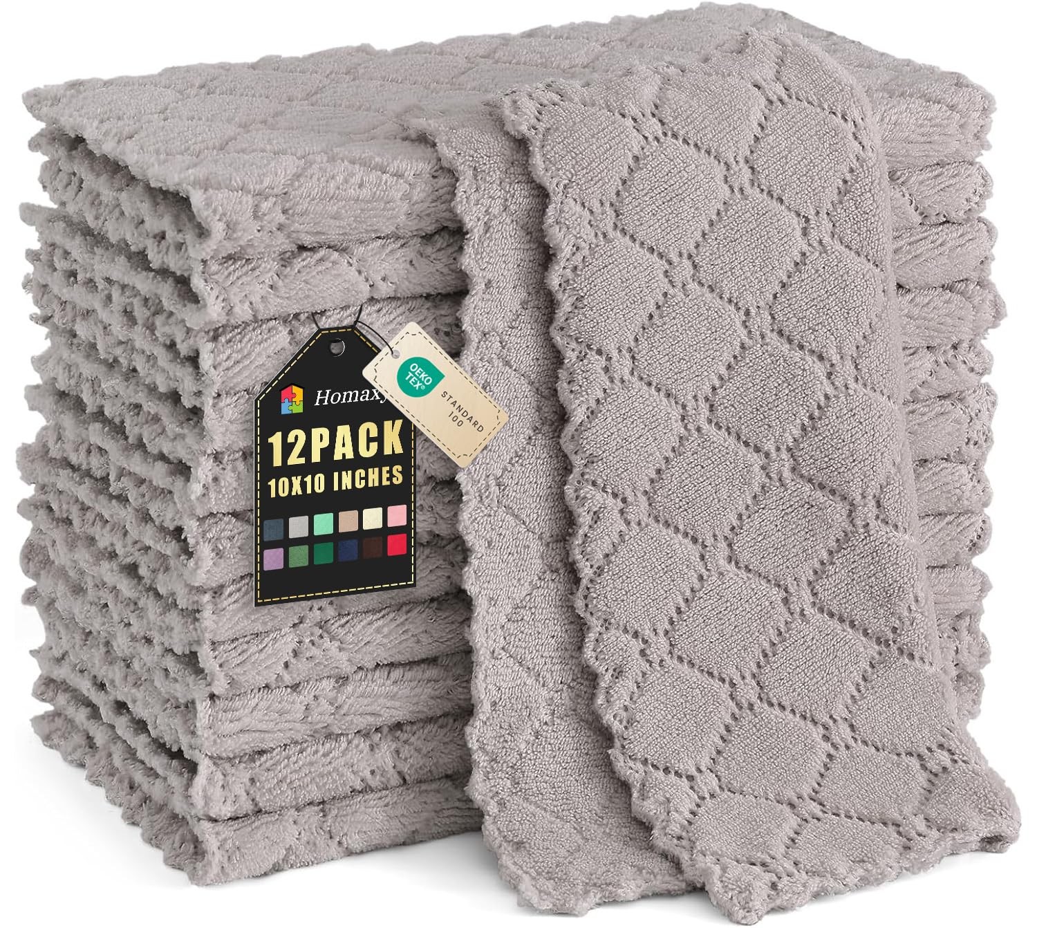 12Pack Kitchen Dish Cloths 10 x10 Inch Grey Super Soft and Absorbent Dish Towels