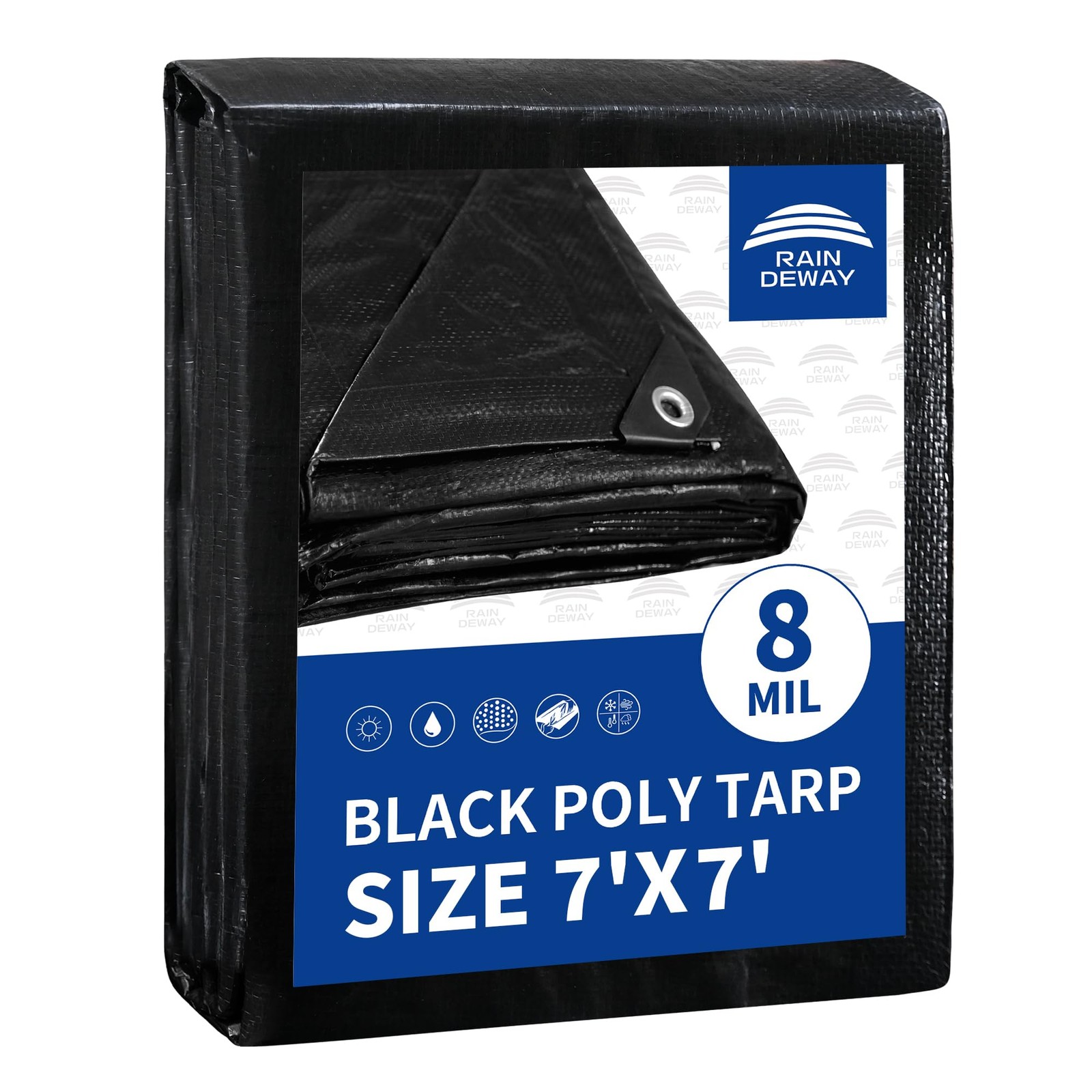 RAINDEWAY Black Tarps 7x7 Feet,UV Resistant, Feet-Finished Size,