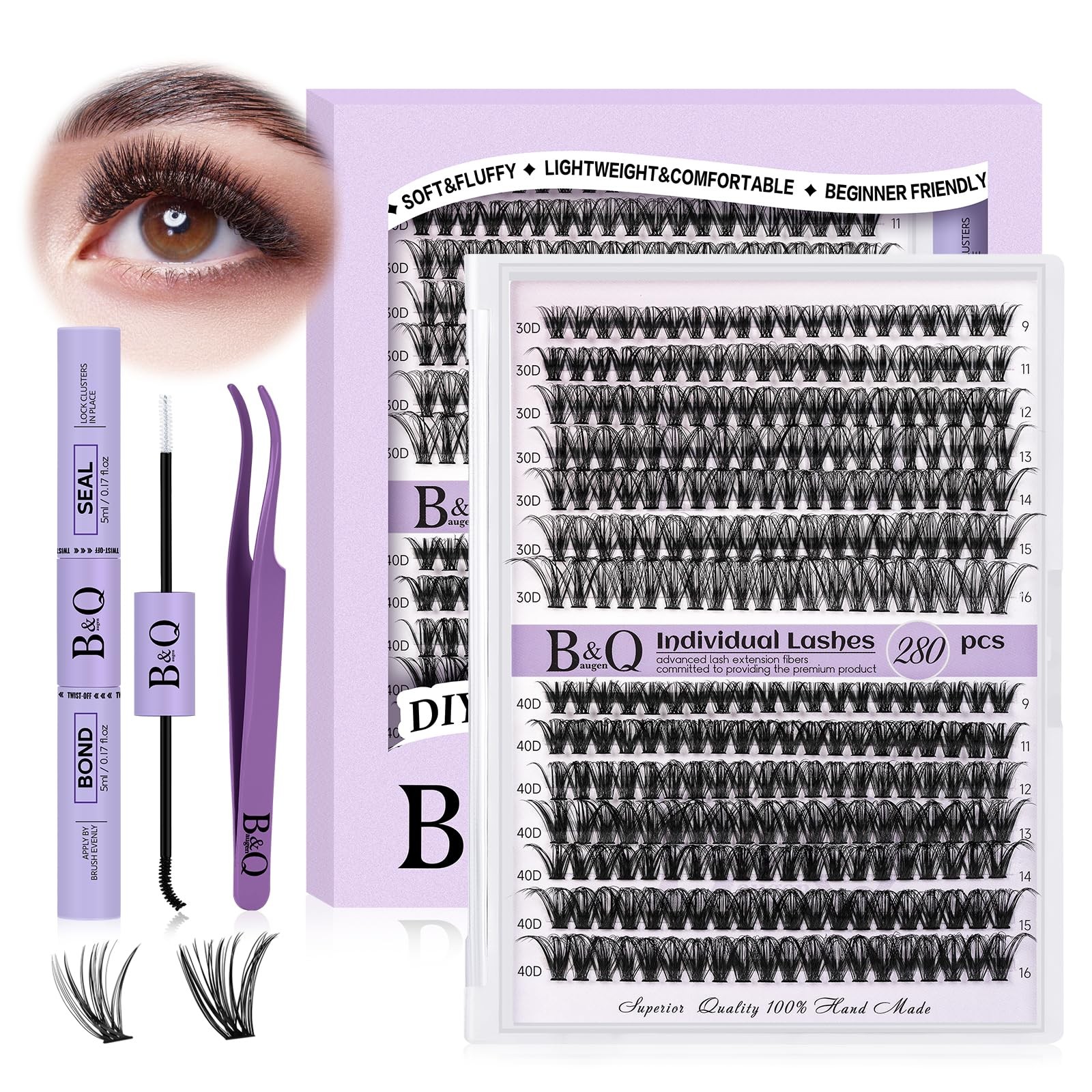 DIY Lash Extension Kit: 280pcs Individual Cluster Lashes D Curl, Mixed Lengths