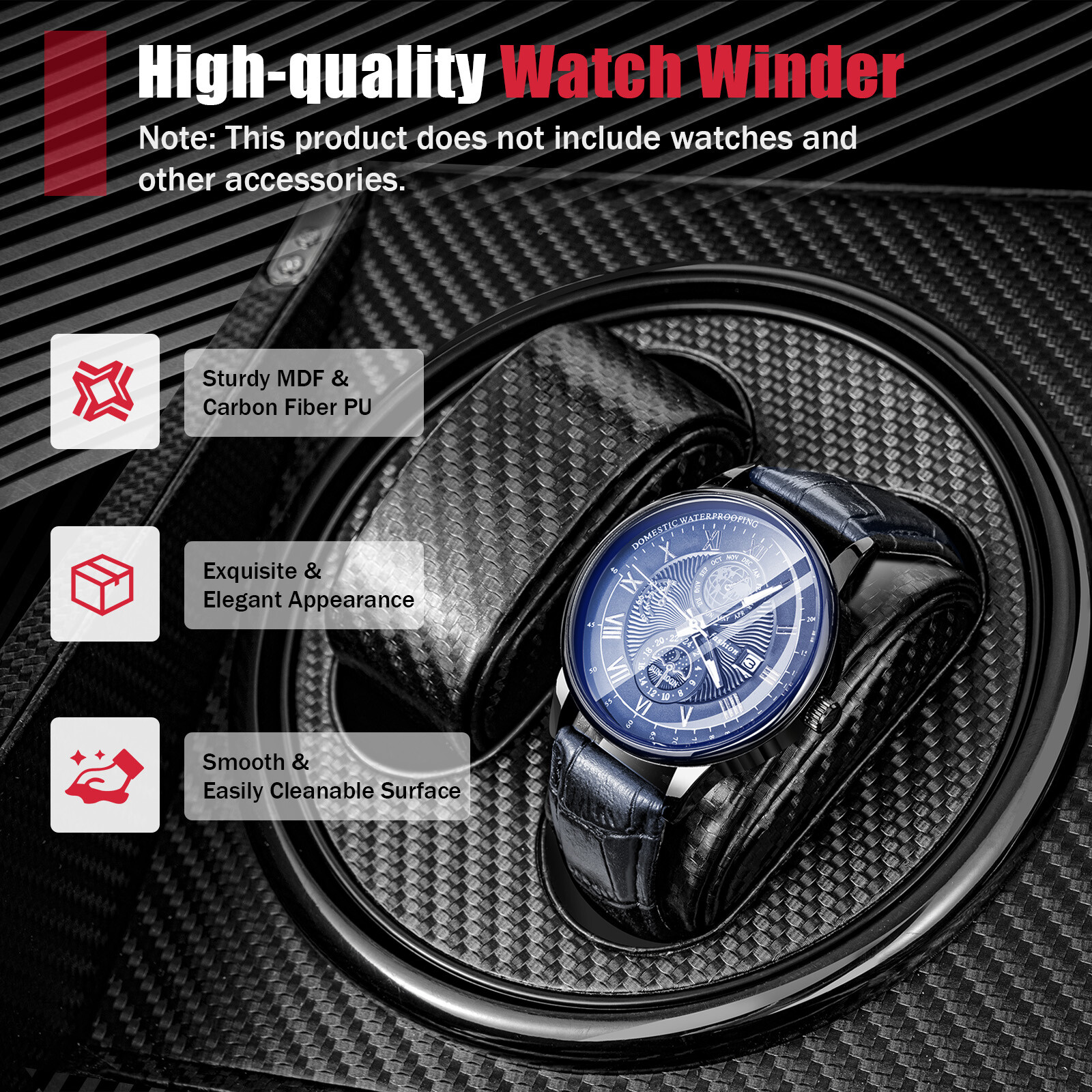 10 Slots Watch Winder Automatic Rotation MDF + PU Display Storage Box Black