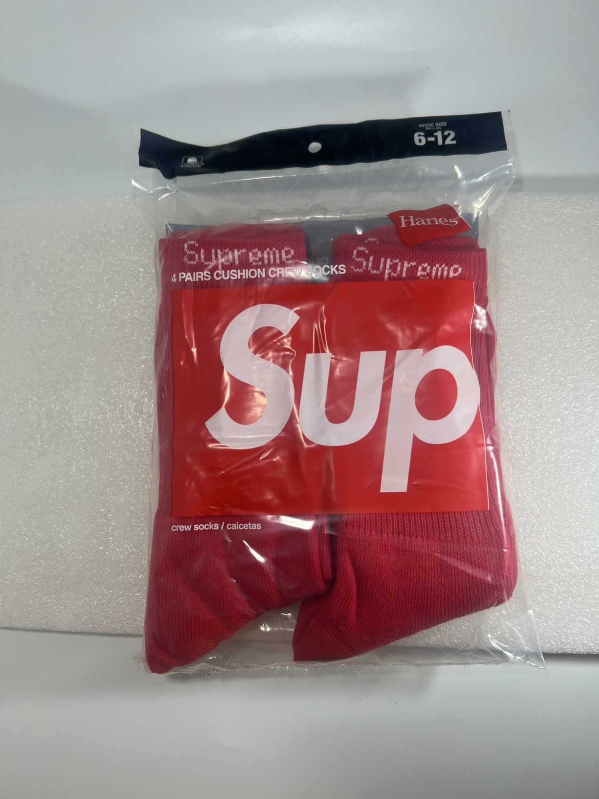 Supreme Hanes Crew Socks 4-Pack - Red - 100% Authentic -Sz-6-12