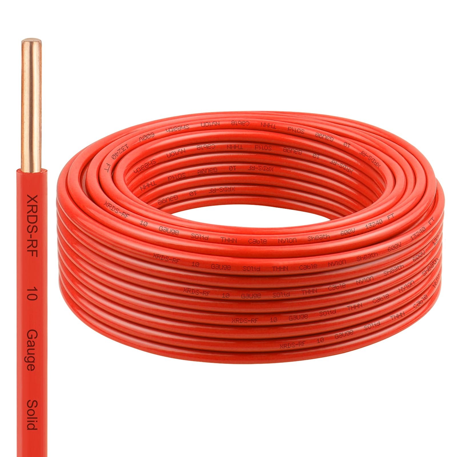 THHN Wire 50 FT, Single Bare Copper Conductor, 10AWG Red 50FT,