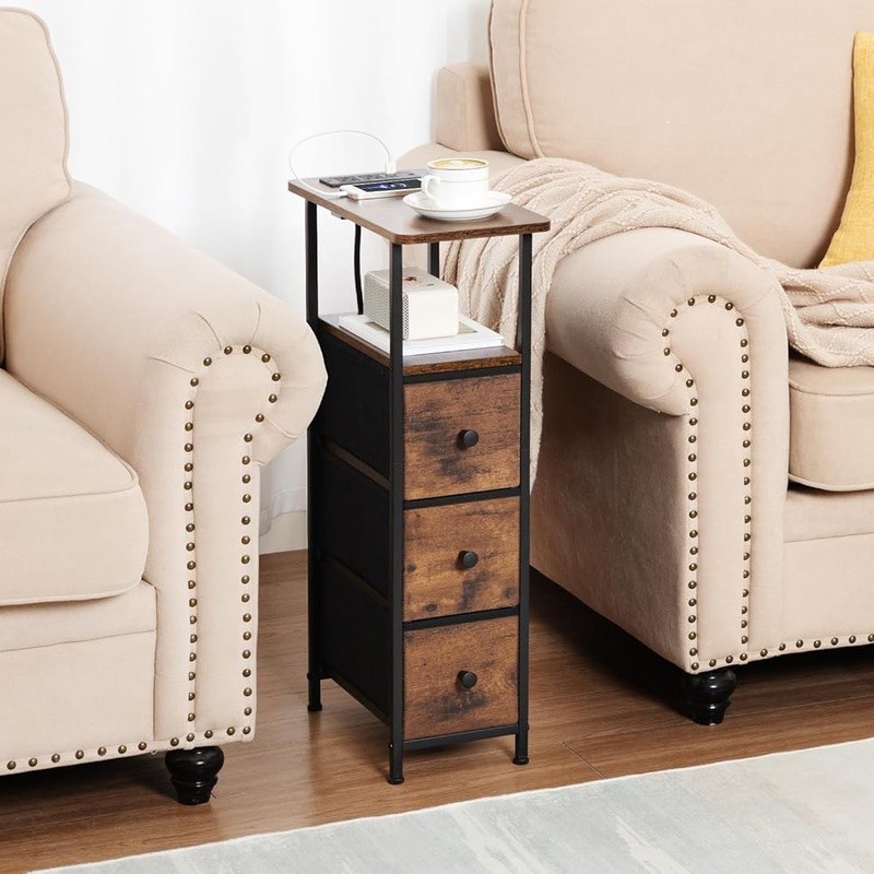 Slim End Table W/ Charging Station USB Ports Storage Drawers Small Spaces
