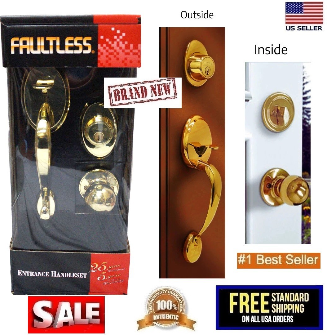 Faultless Brass Single Entrance Door Handleset w/Keyed Deadbolt Lock Inside Knob