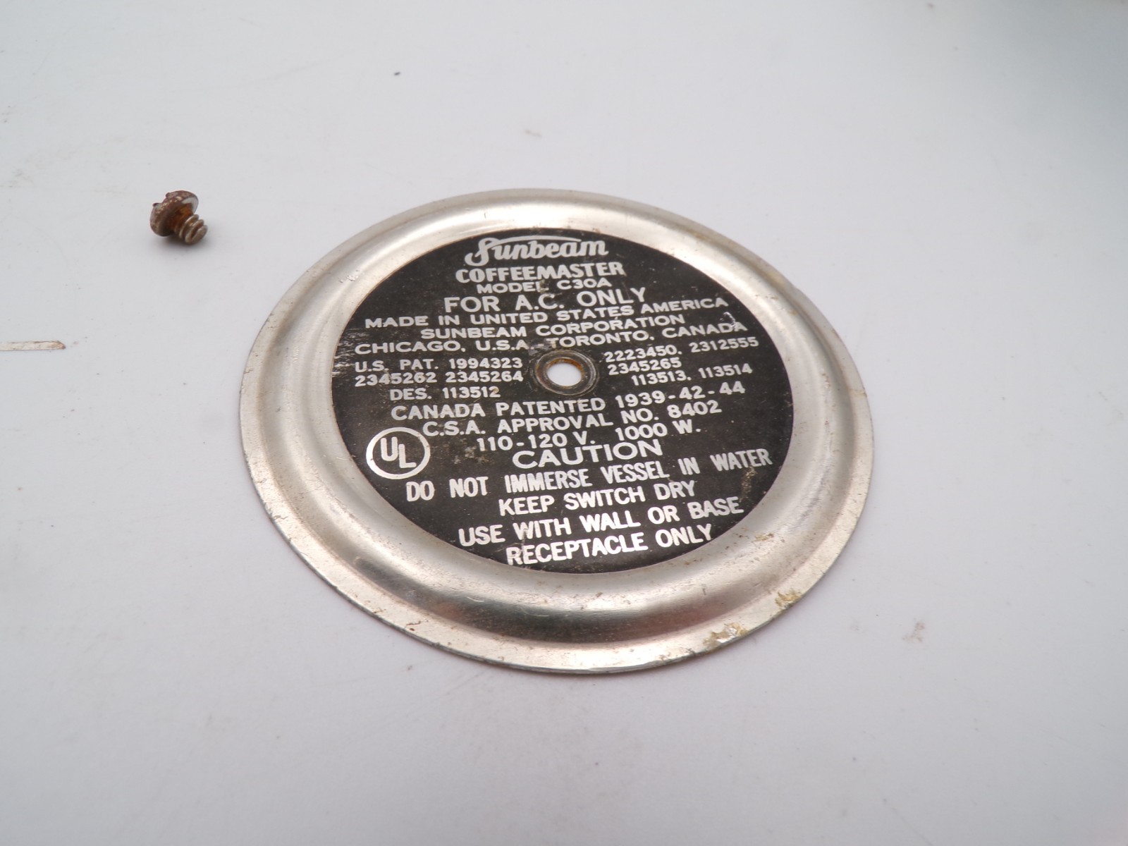 Sunbeam Coffee Master Electric C30A  Coffee Maker Replacement Part Name Plate