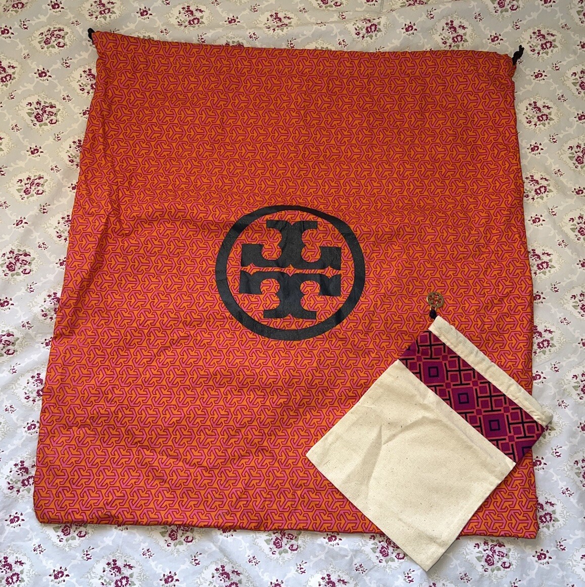 XL TORY BURCH DRAWSTRING BAG SET COTTON DUST BAGS 20”x22” 8.5”X 6.5” MULTI COLOR
