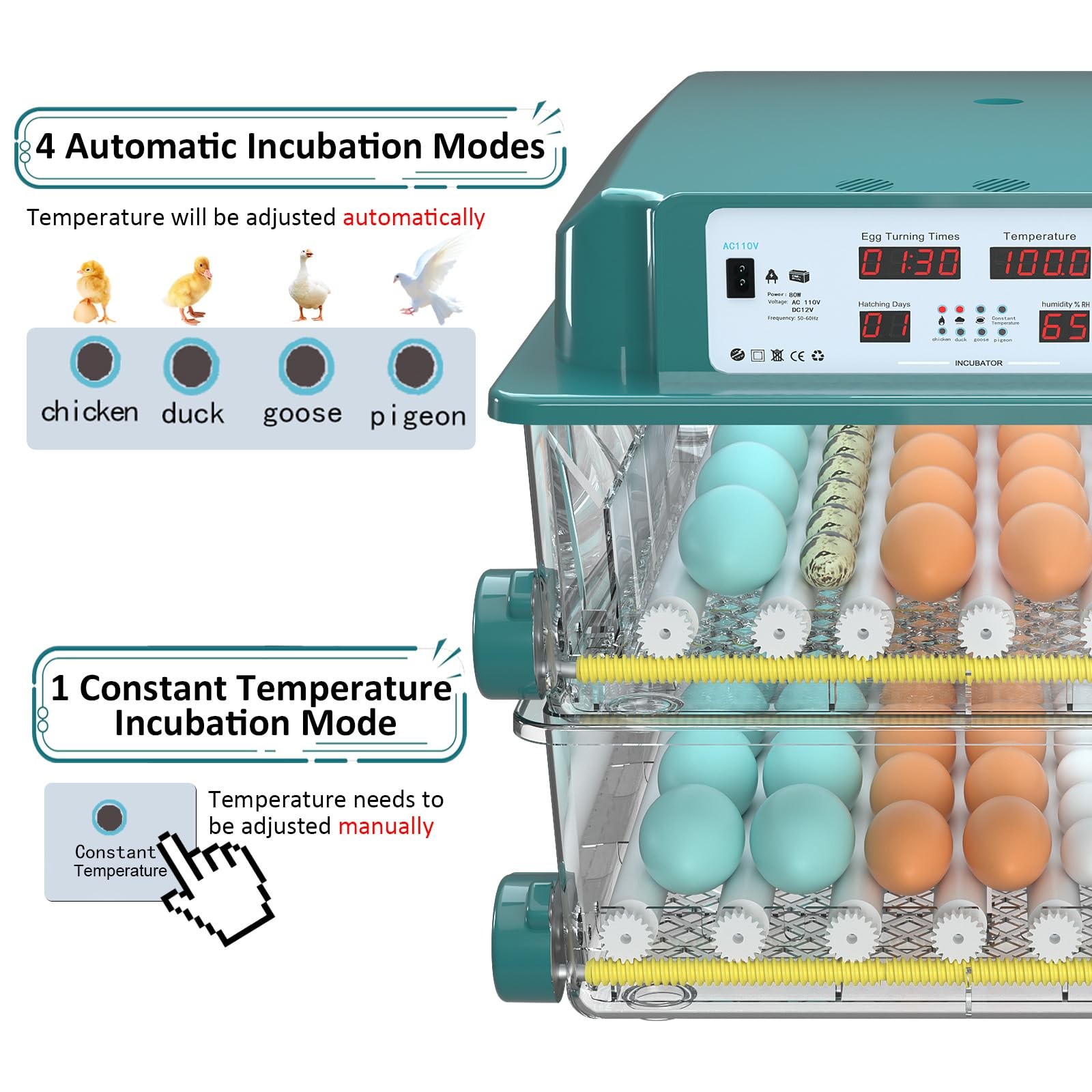 Chalixion Incubators for Hatching Eggs 120, Chicken Egg Incubator with...