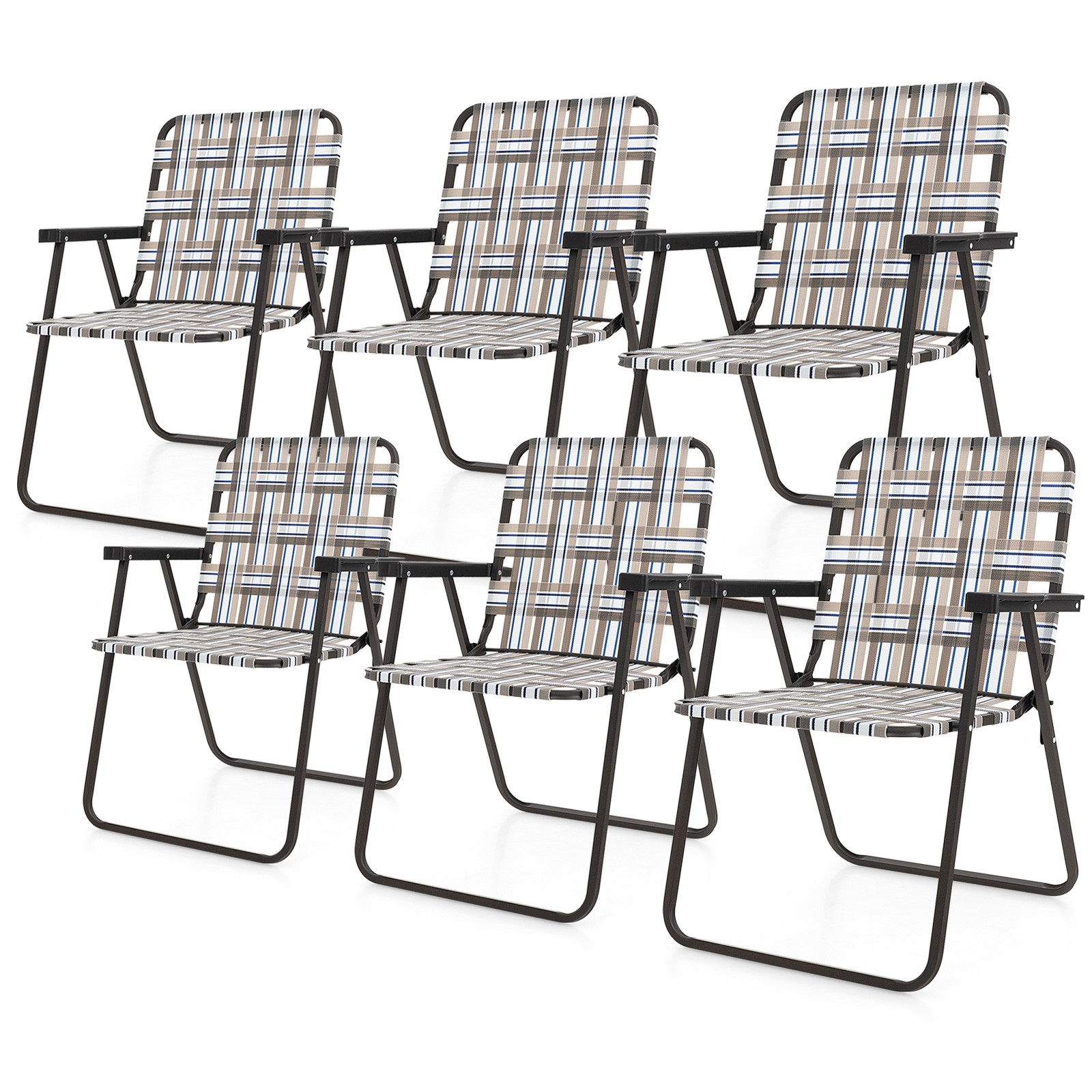 Folding Webbed Chairs Set of 6 w/ Webbing Seat & Back Widened Armrests Beach