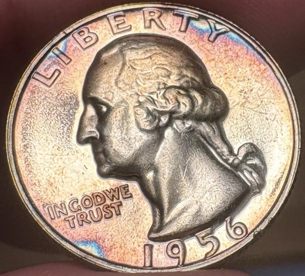 Rainbow Toned Proof  1956 Washington Silver Quarter. Incredible Toning