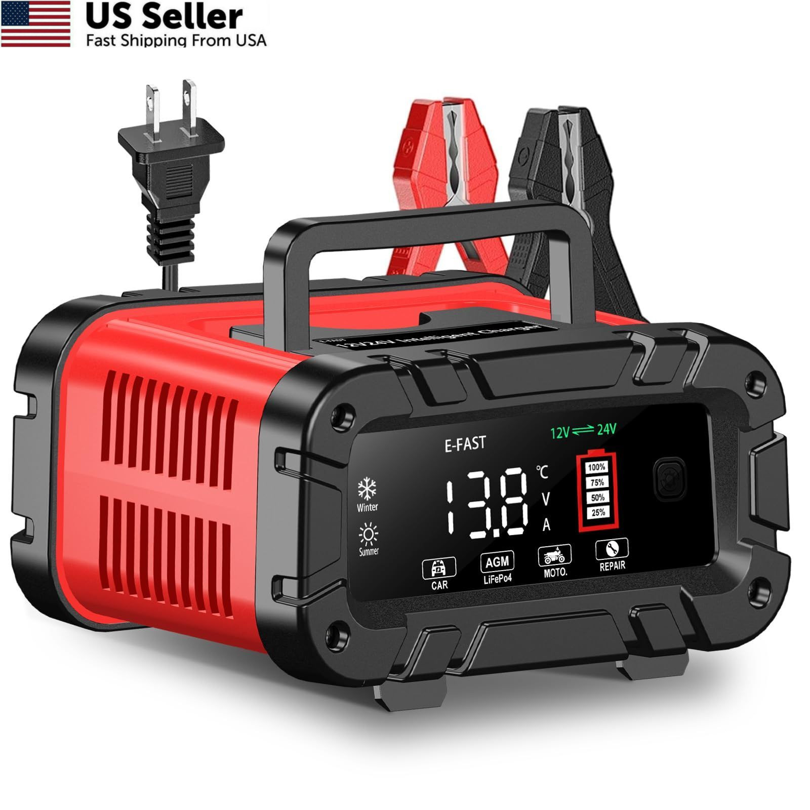 E-FAST Battery Charger 0-20A 12/24V Lifepo4 Lead Acid Automatic Smart Car Red