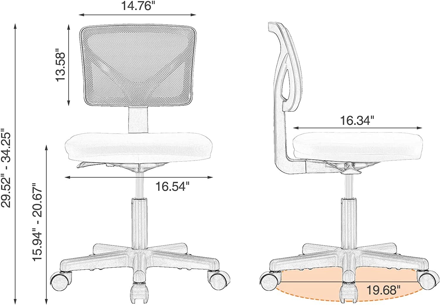 Cute Armless Mesh Task Chair, Swivel Rolling Desk Chair for Home Office