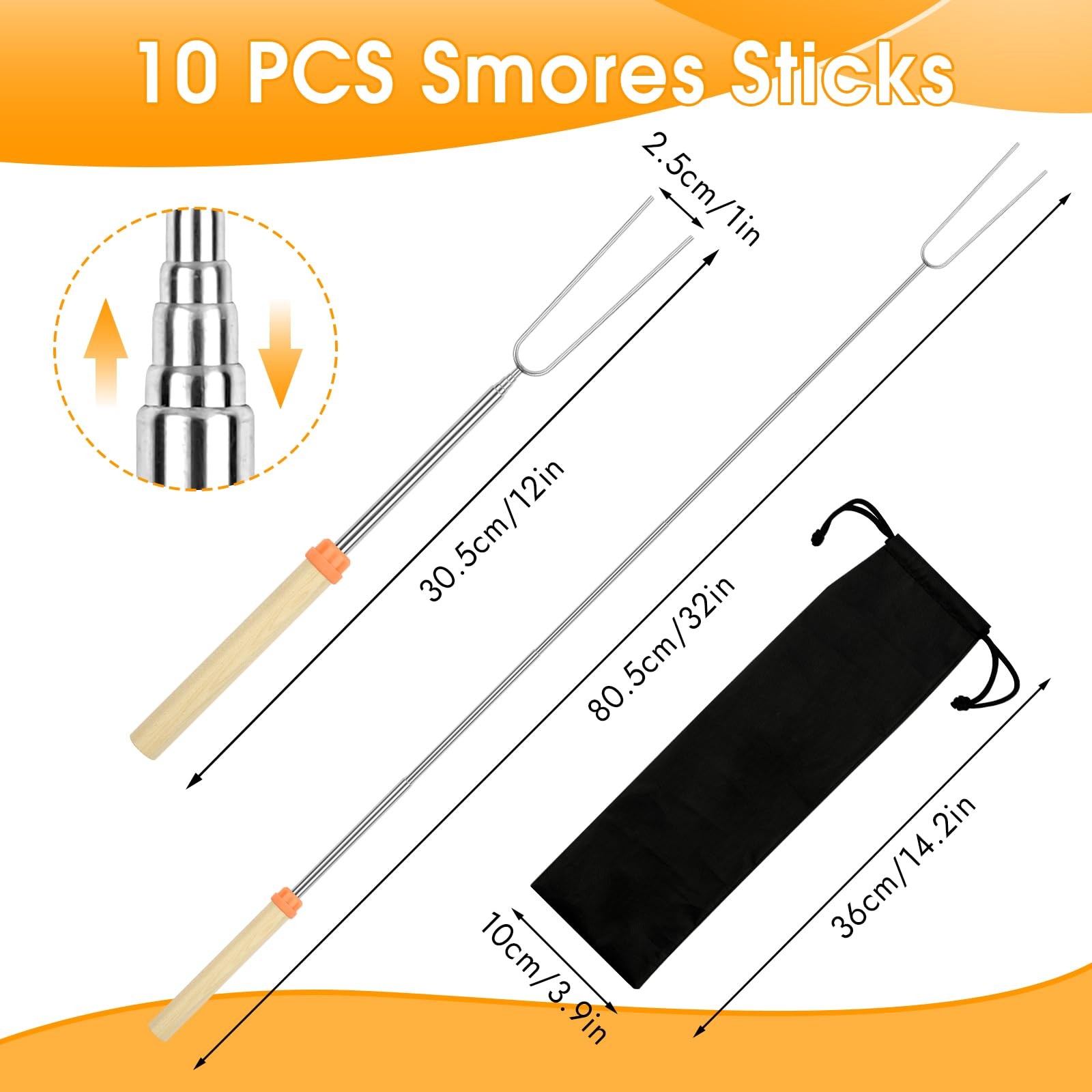 10 Pack Smores Sticks, 32 Inch Marshmallow Roasting Sticks Fire Pit, Extendable
