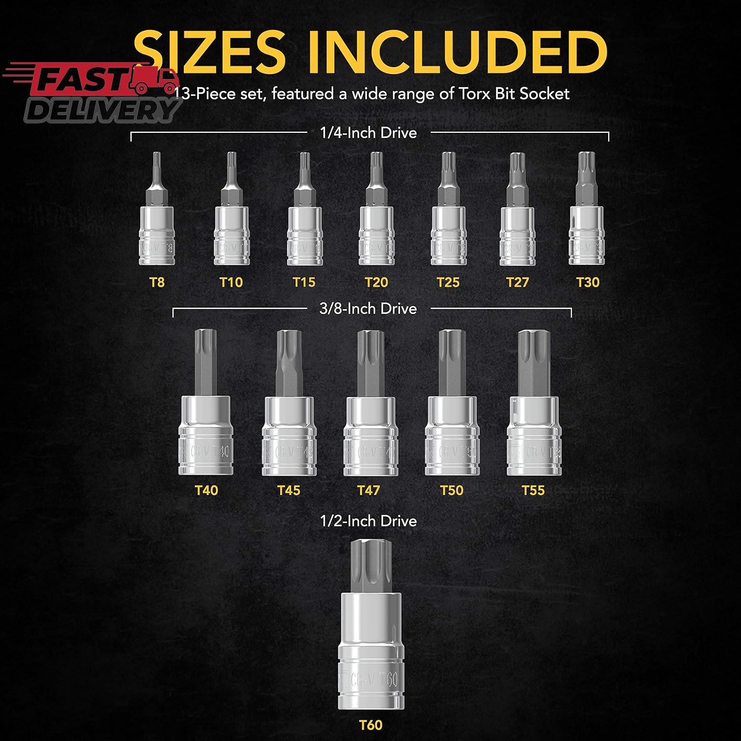 LEXIVON Torx Bit Socket Set, Premium S2 Alloy Steel | 13-Piece Star T8 - T60 Set