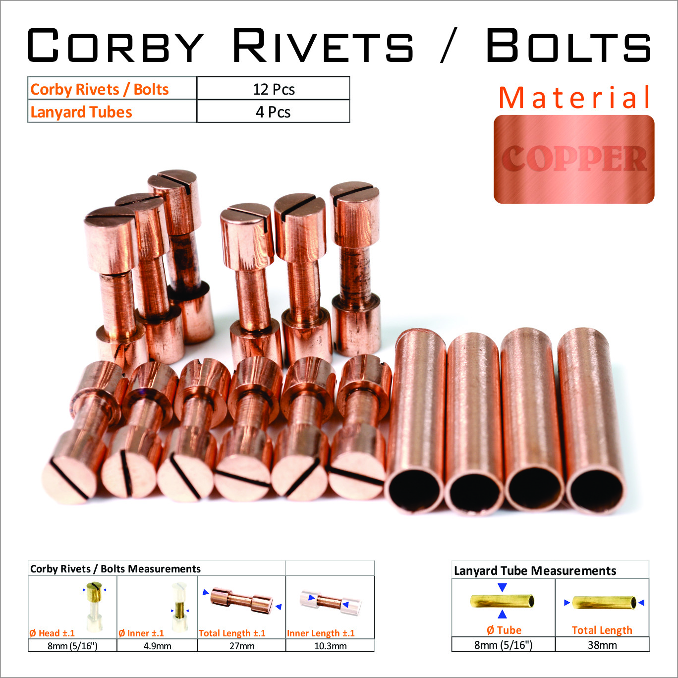 Knife Mounting Hardware 12 Copper Rivets 4 Lanyard Tubes Knife Making Mounting
